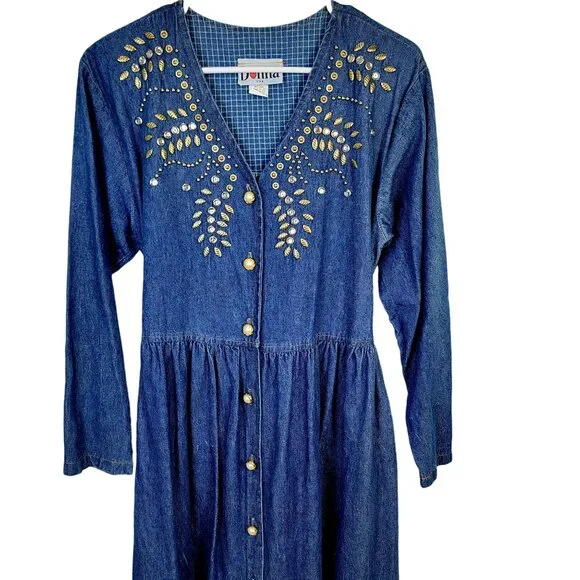 Vintage 90s Denim Midi Dress Women Medium Teacher Embellished Rhinestone 8 10 M - Picture 11 of 16